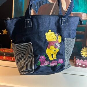 Disney Navy Tote with Pooh and Floral Design 16.5" X 13.5" X 6.5"